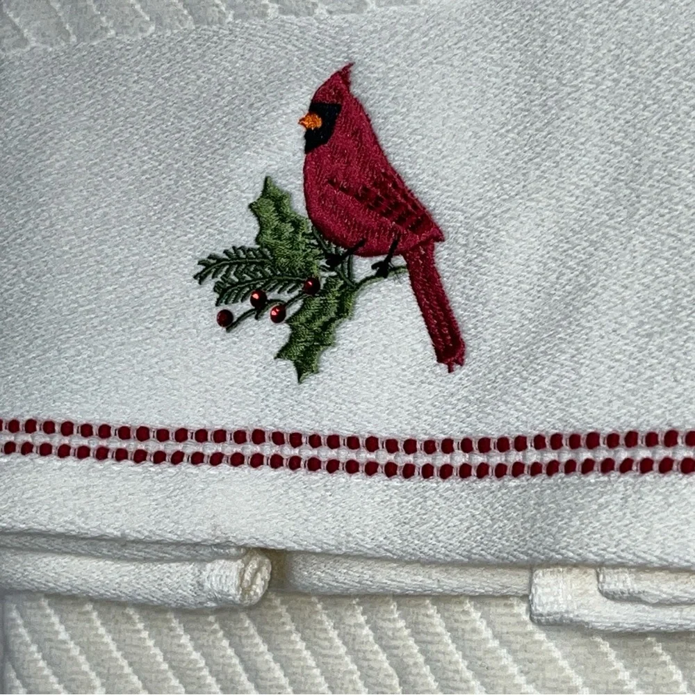 Merry & Bright Cardinal Bird Rhinestone Christmas Holly Berry Holiday Towel Set